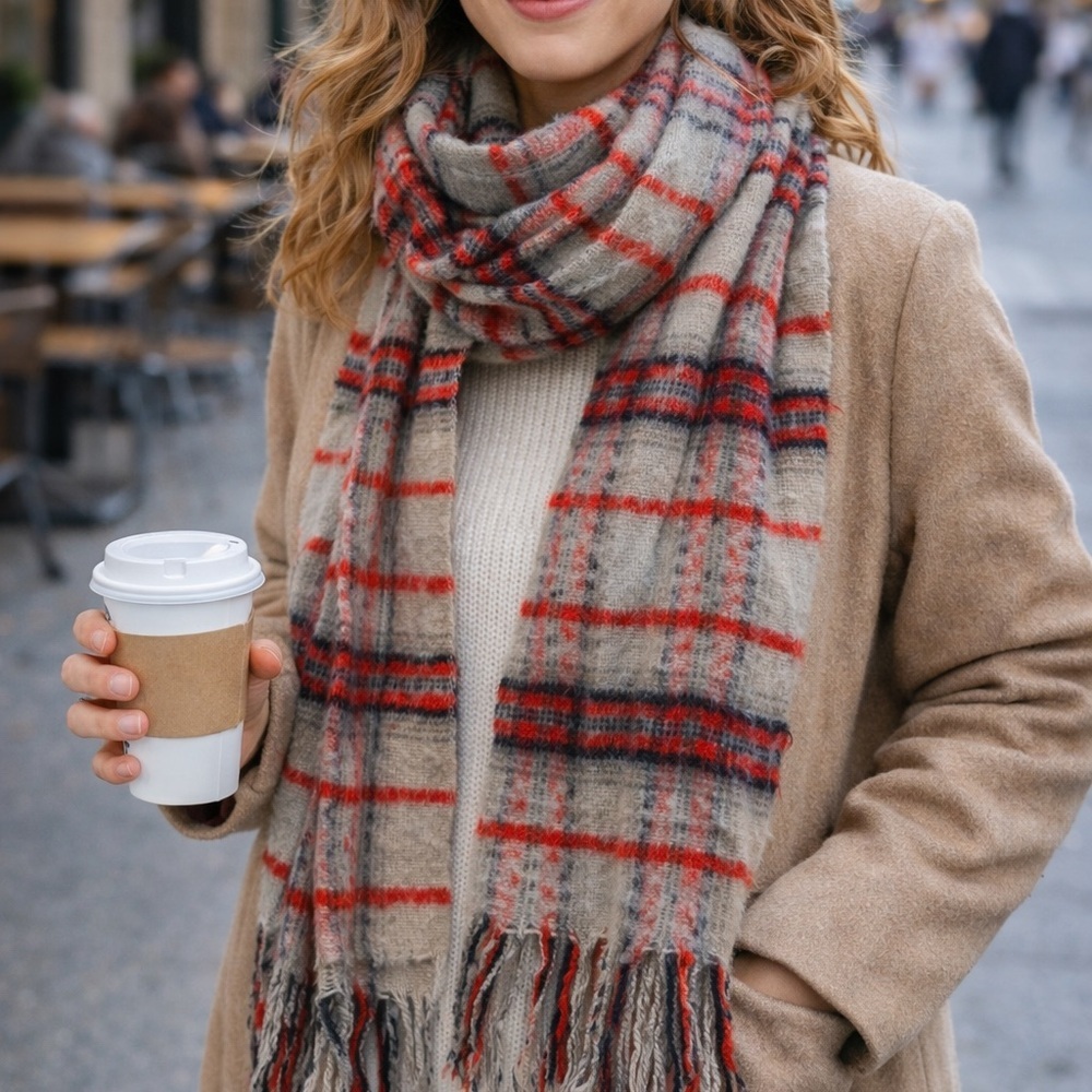 ❤️ Lucky Brand Plaid Fringe Scarf | Red Gray Black | One Size